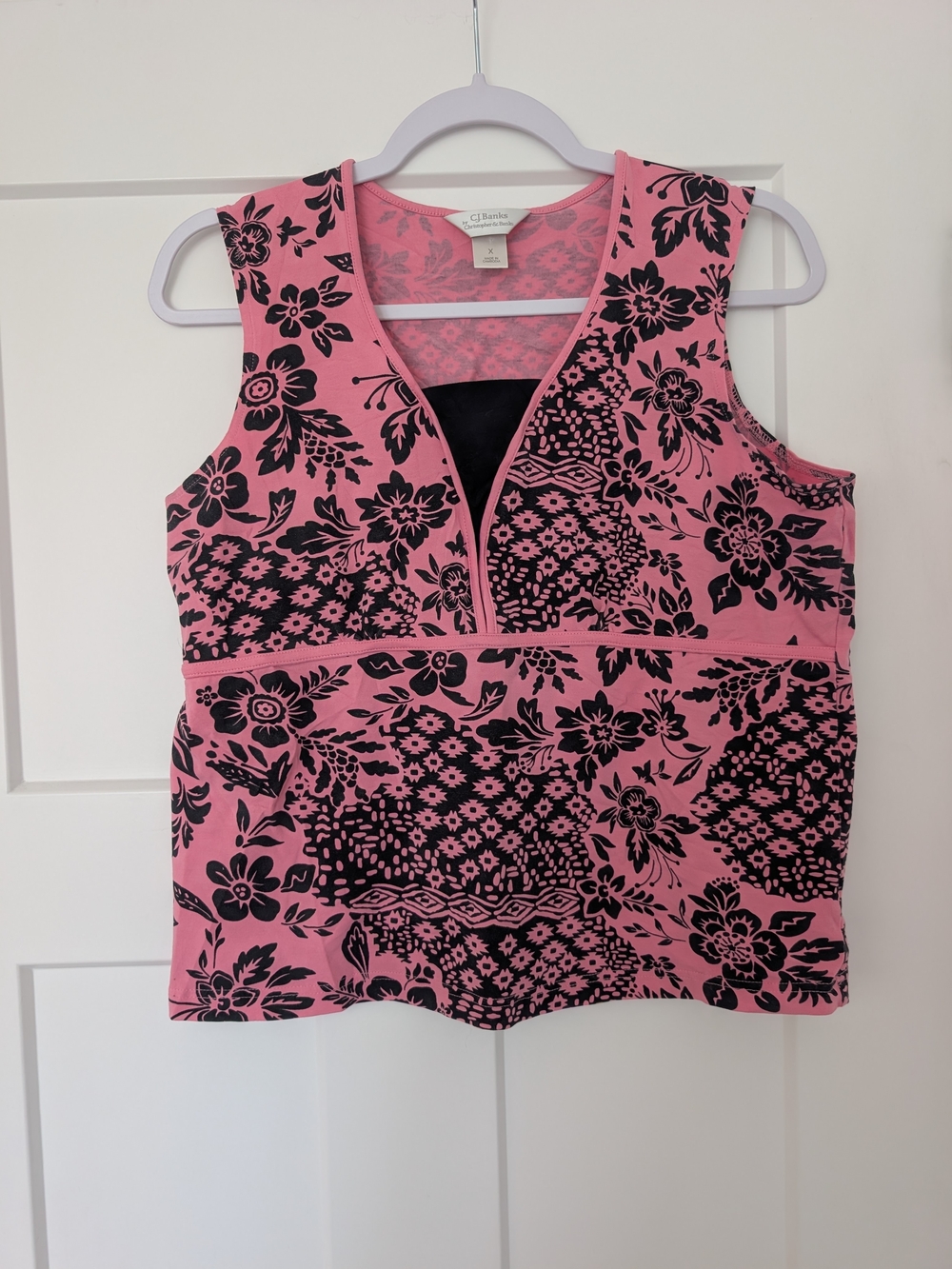 CJ Banks Pink and Black Floral V-Neck Sleeveless Top